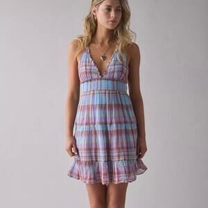 URBAN OUTFITTERS Phoebe Open Back Halter Mini Dress Blue Multi Plaid Medium M